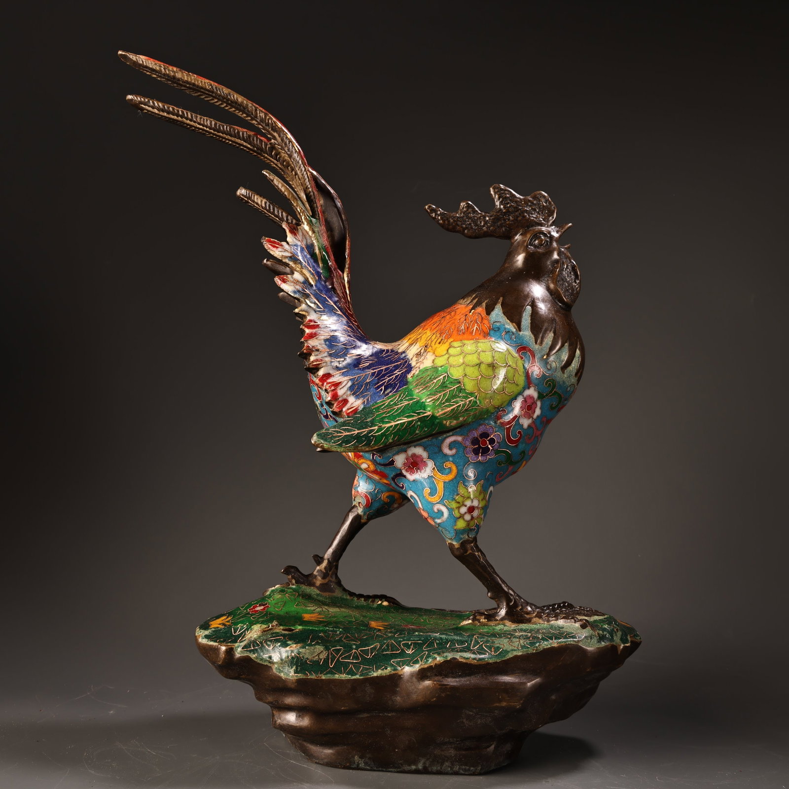 Old Chinese Bronze Cloisonne Rooster Statue - 2