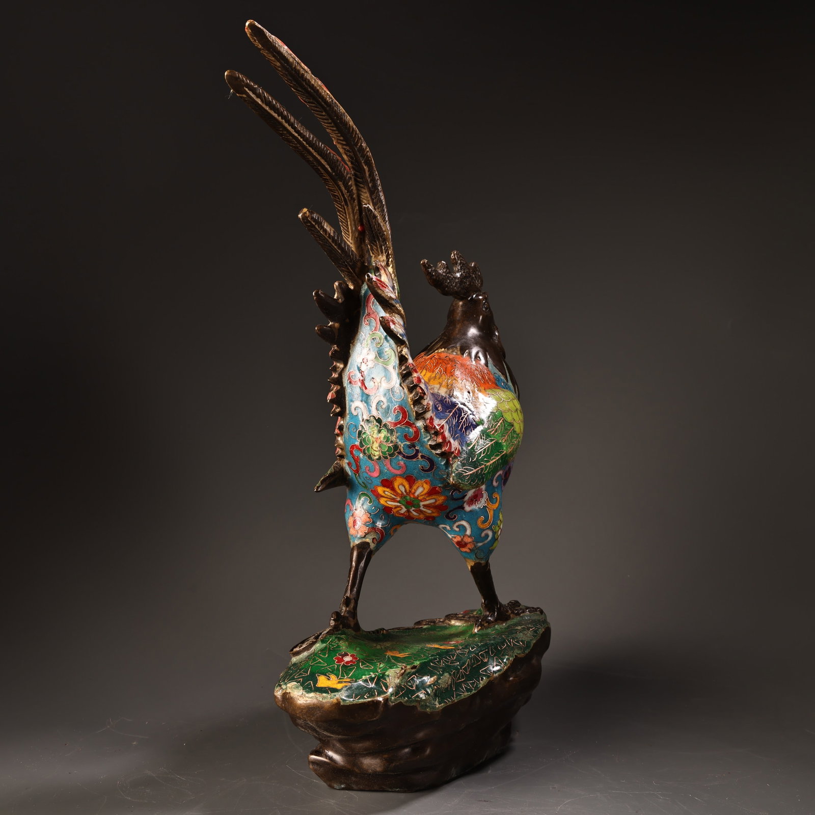 Old Chinese Bronze Cloisonne Rooster Statue - 4
