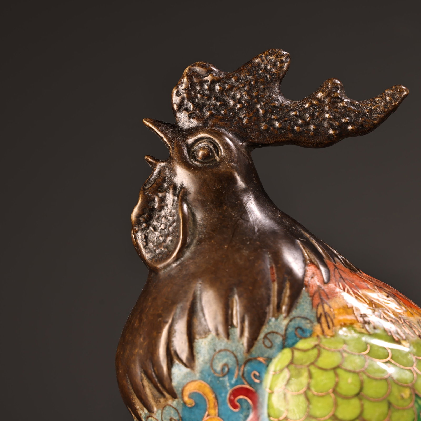 Old Chinese Bronze Cloisonne Rooster Statue - 5