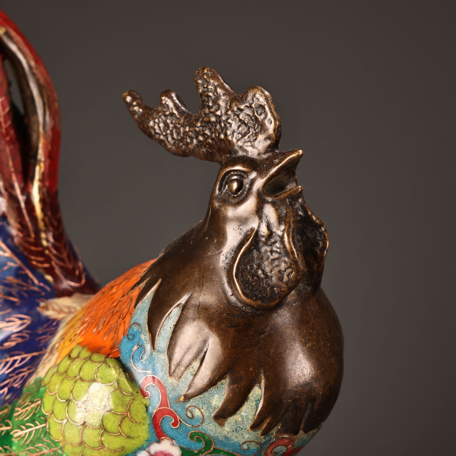 Old Chinese Bronze Cloisonne Rooster Statue - 7