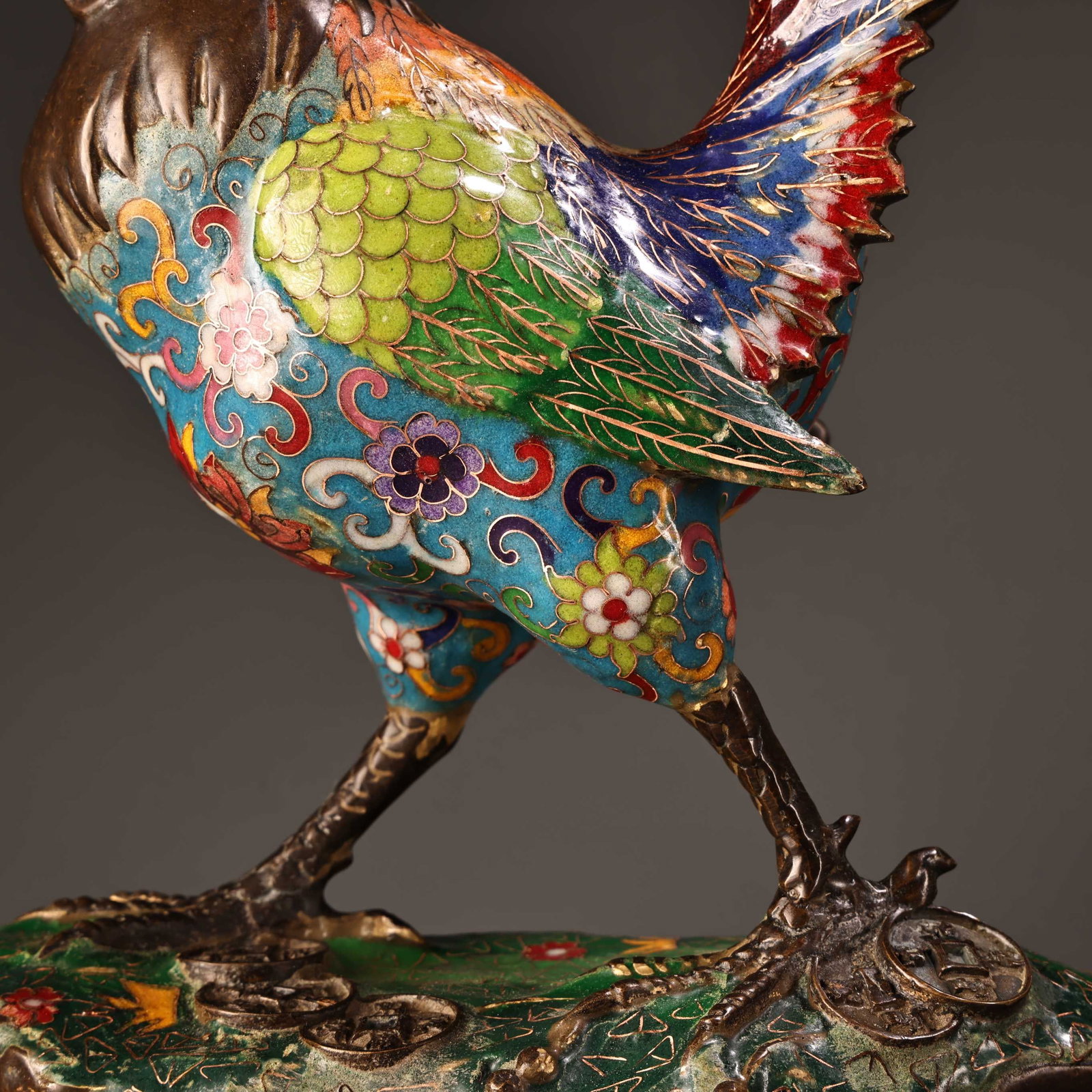 Old Chinese Bronze Cloisonne Rooster Statue - 8
