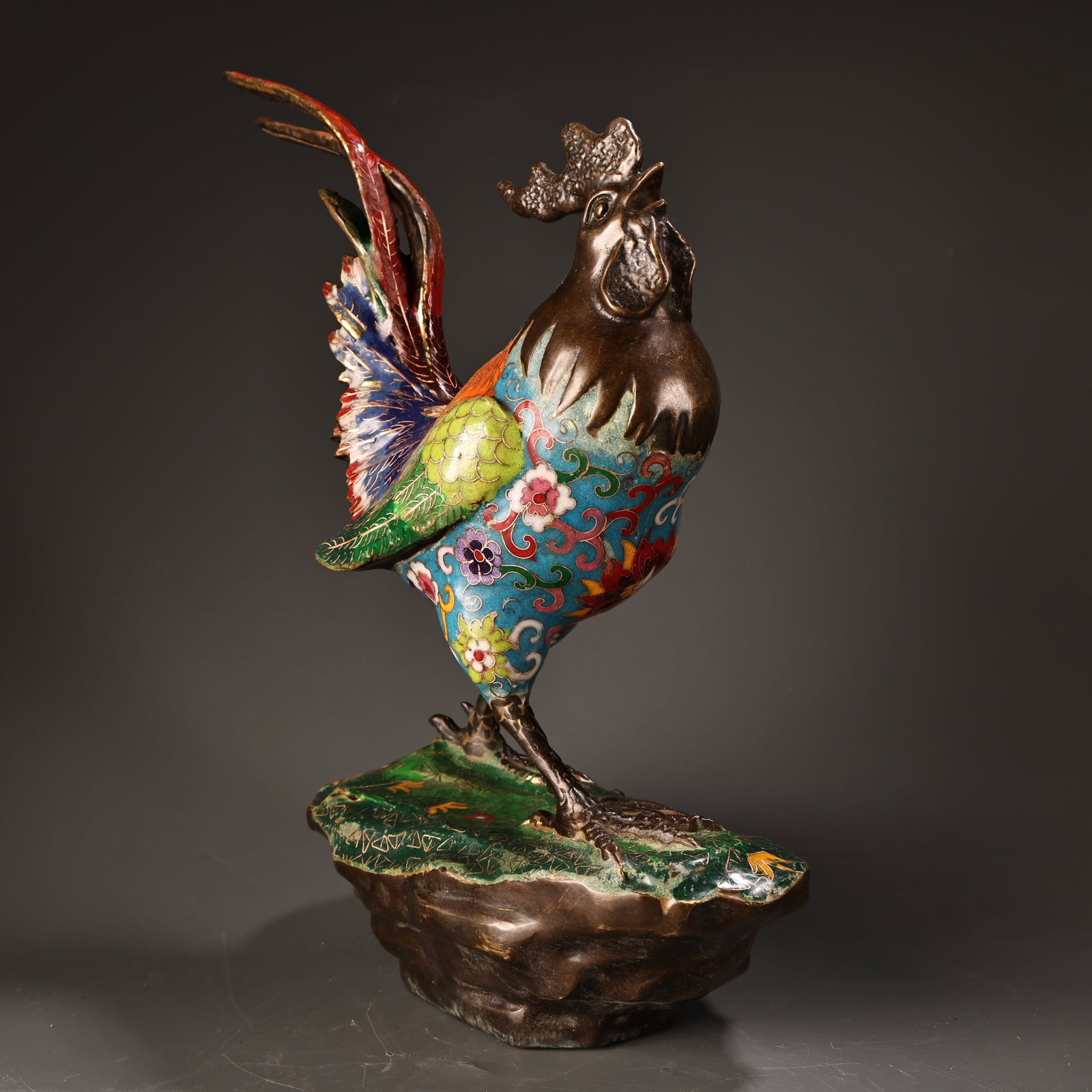Old Chinese Bronze Cloisonne Rooster Statue - 9