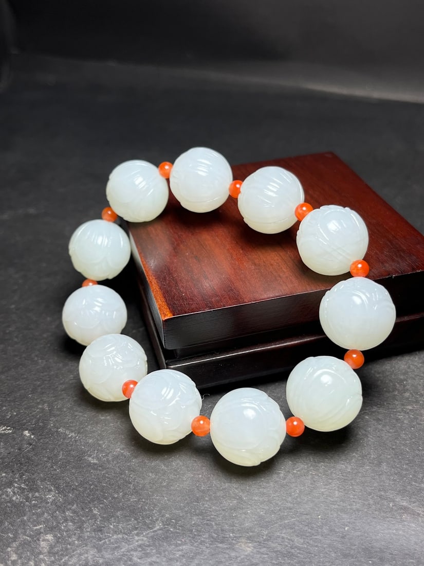 18mm Hetian Jade Hand Carved Lotus Bracelet - 2