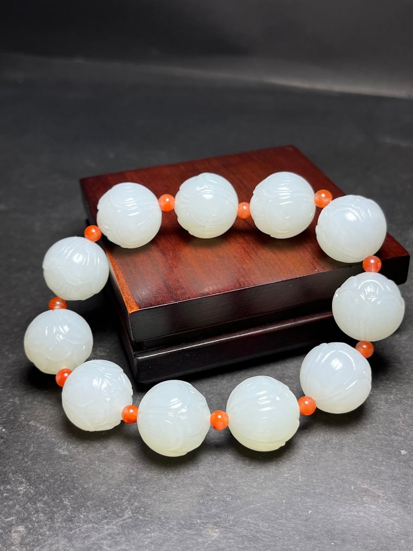 18mm Hetian Jade Hand Carved Lotus Bracelet - 3