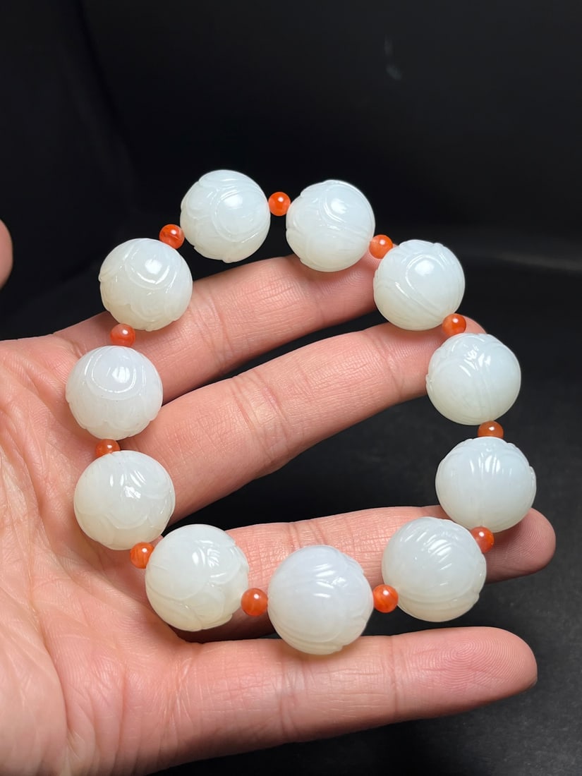 18mm Hetian Jade Hand Carved Lotus Bracelet - 4
