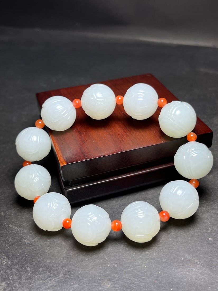 18mm Hetian Jade Hand Carved Lotus Bracelet - 6