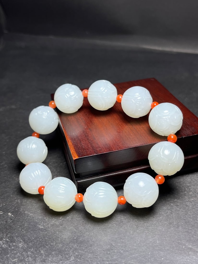 18mm Hetian Jade Hand Carved Lotus Bracelet - 7