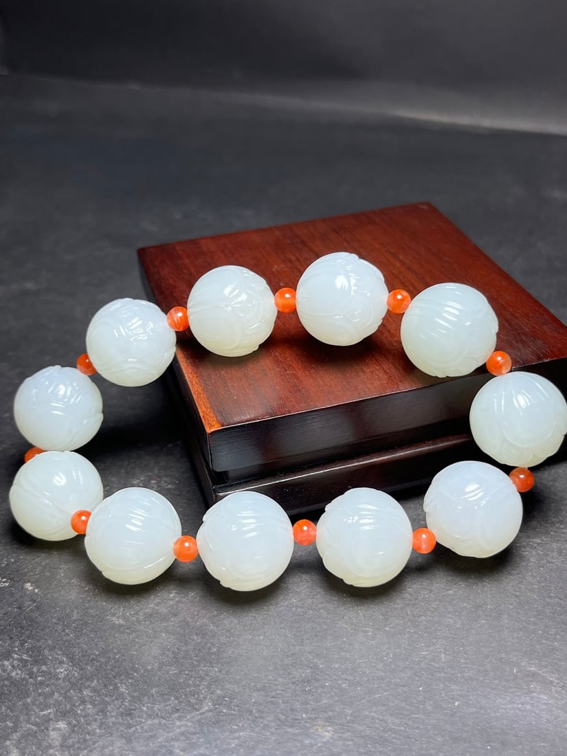 18mm Hetian Jade Hand Carved Lotus Bracelet - 8