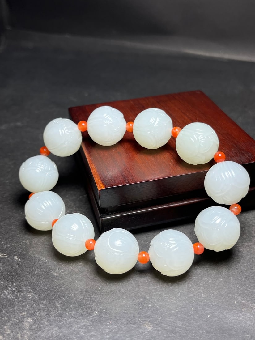 18mm Hetian Jade Hand Carved Lotus Bracelet - 9