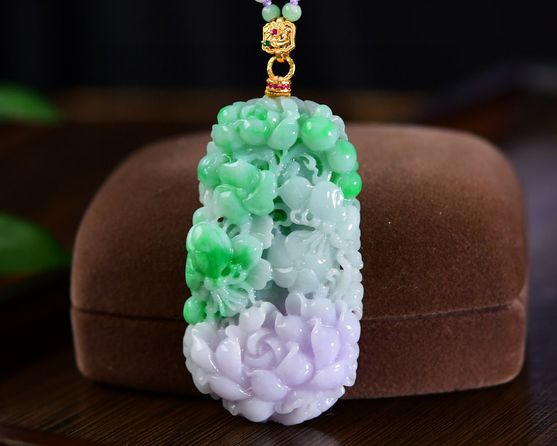 Jadeite Hand-Carved Pendant w Peony & Hand Woven Purple Jadeite Beads Necklace - 2
