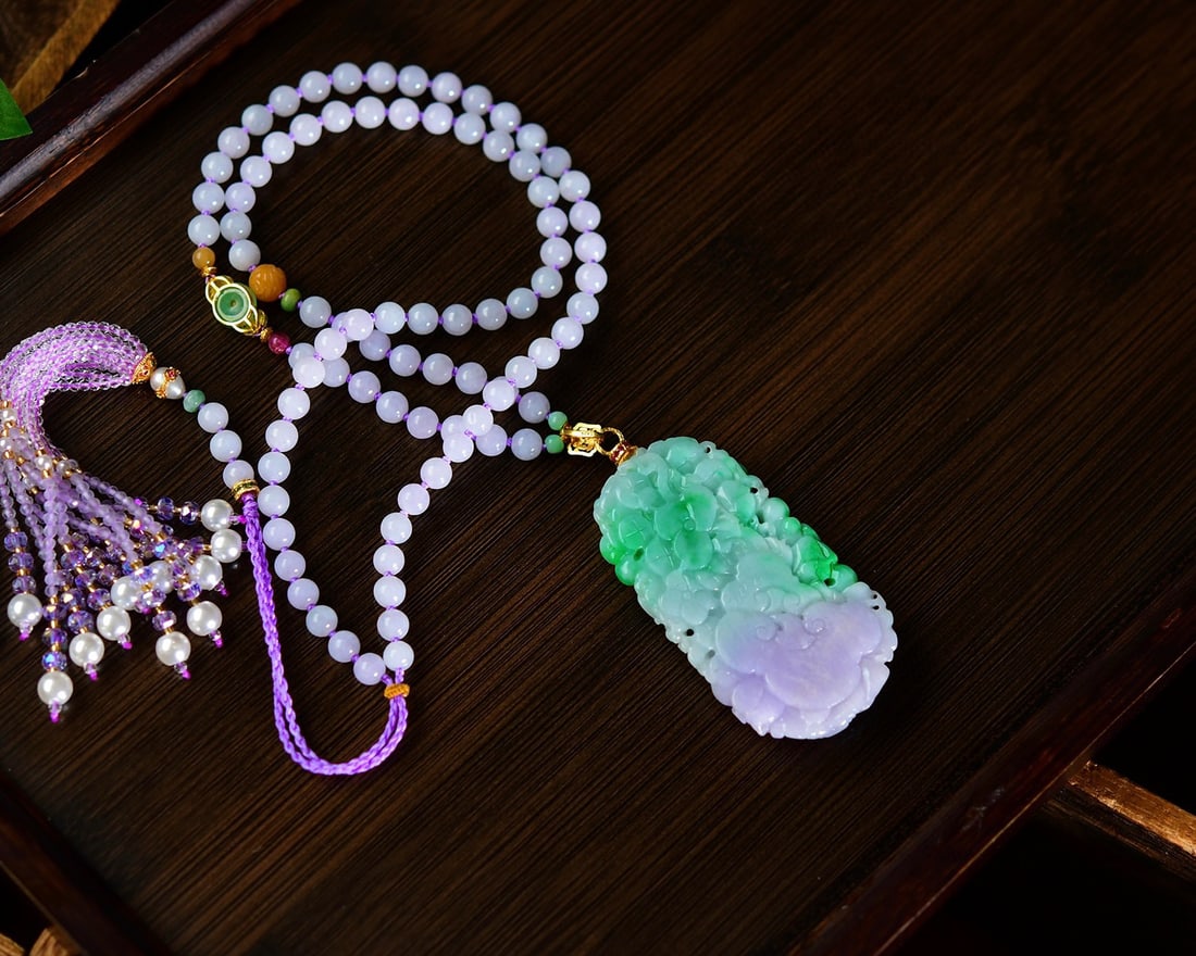 Jadeite Hand-Carved Pendant w Peony & Hand Woven Purple Jadeite Beads Necklace - 3