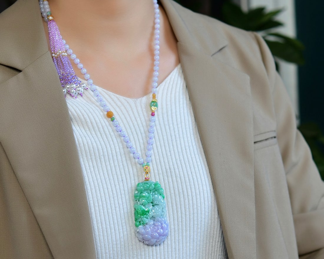 Jadeite Hand-Carved Pendant w Peony & Hand Woven Purple Jadeite Beads Necklace - 4
