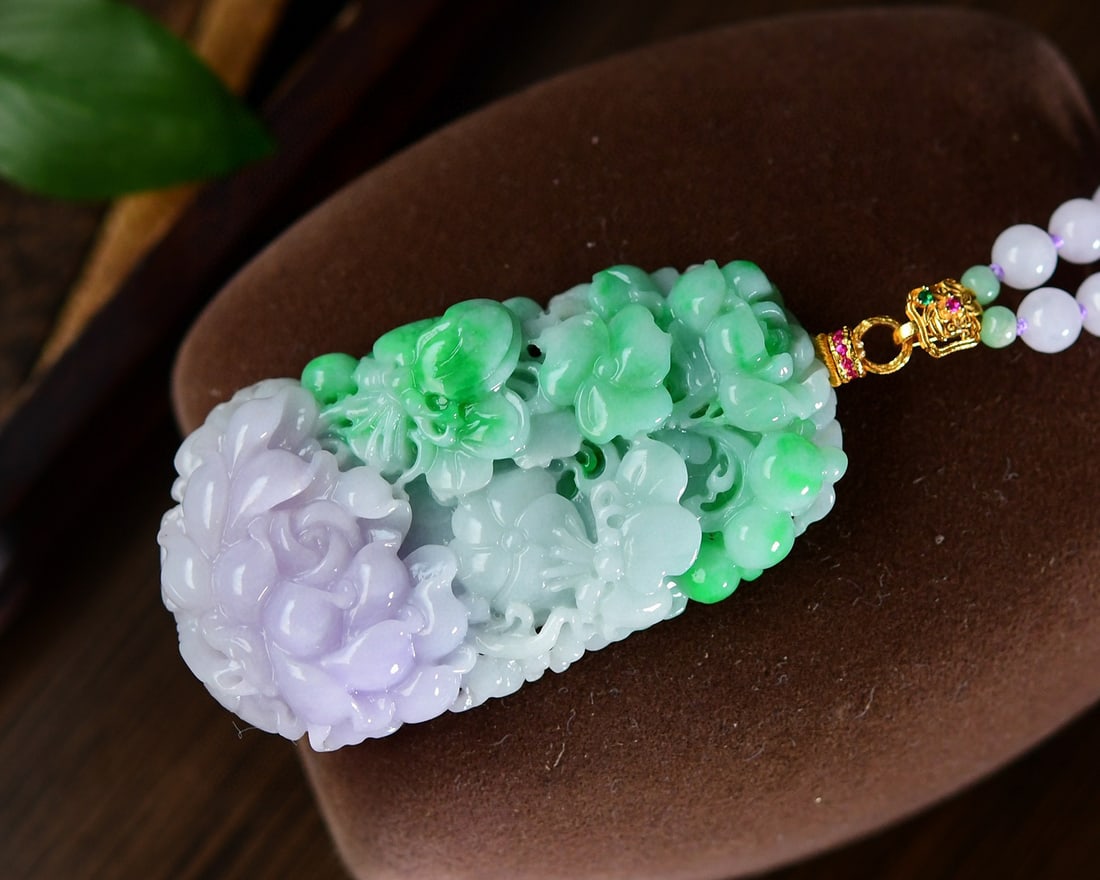 Jadeite Hand-Carved Pendant w Peony & Hand Woven Purple Jadeite Beads Necklace - 5