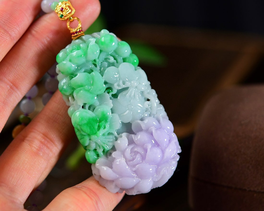 Jadeite Hand-Carved Pendant w Peony & Hand Woven Purple Jadeite Beads Necklace - 6