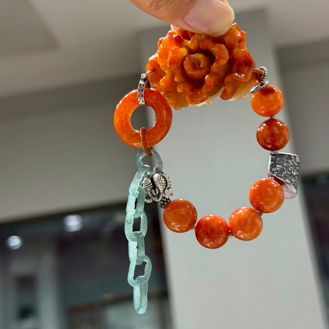 Red Jadeite Hand Carved Flower & Silver Bracelet - 2