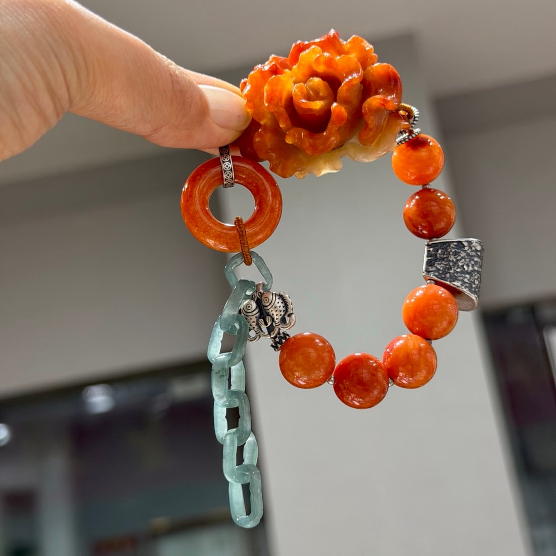 Red Jadeite Hand Carved Flower & Silver Bracelet - 3