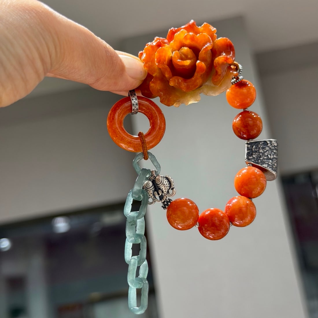 Red Jadeite Hand Carved Flower & Silver Bracelet - 4