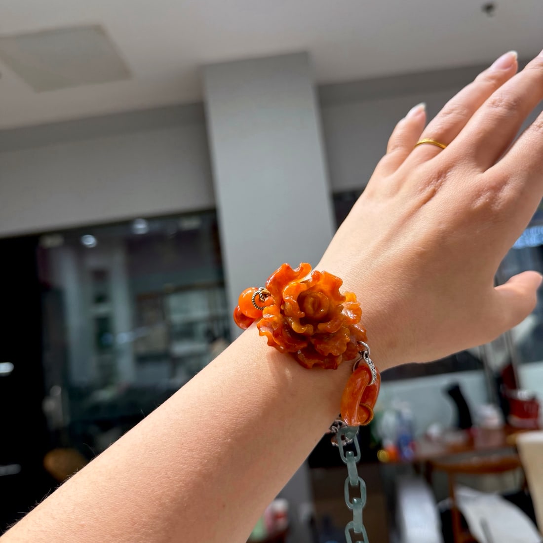 Red Jadeite Hand Carved Flower & Silver Bracelet - 5