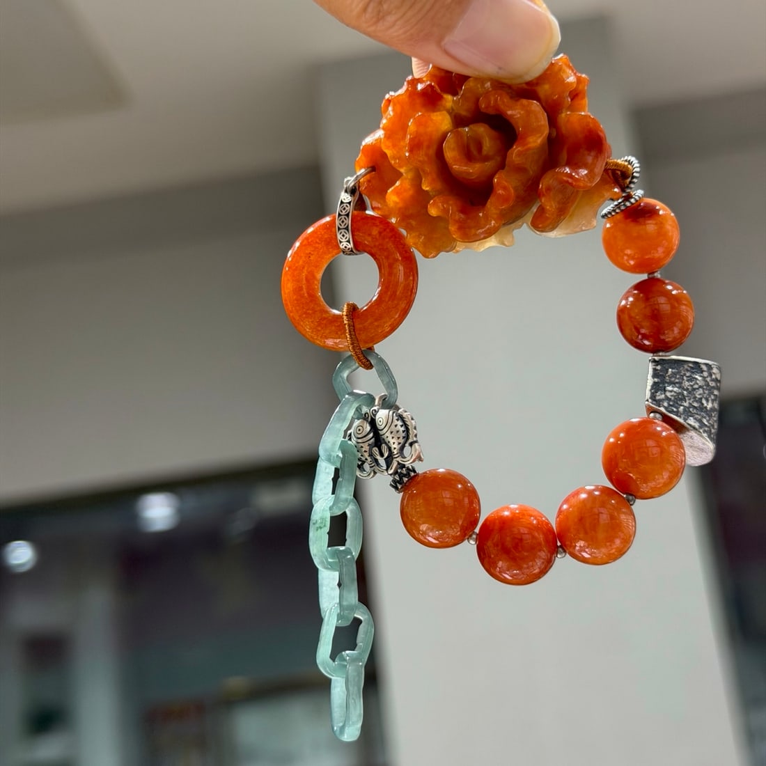 Red Jadeite Hand Carved Flower & Silver Bracelet - 6