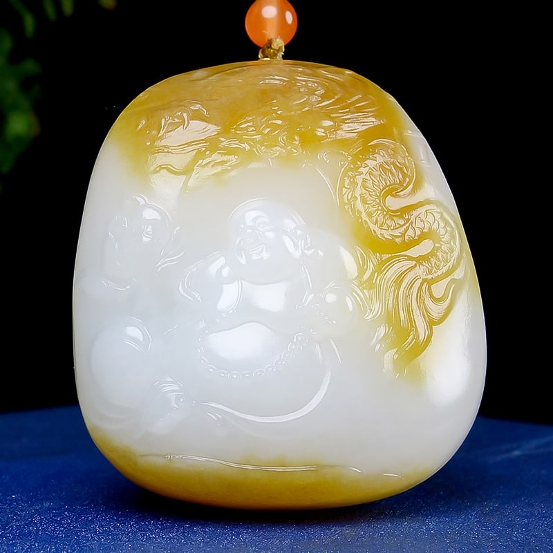 Hetian Jade Hand Carved Laughing Buddha & Dragon Pendant with Certificate: Title: Hetian Jade Hand Carved Laughing Buddha & Dragon Pendant with Certificate Origin: Chinese Date/Period: After2025 Materials: Hetian Jade Dimensions: 45x40x21(mm) 1.77x1.57x0.83(inches) Weight