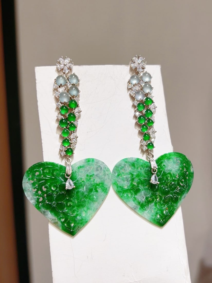 A Pair Silver & Green Jadeite Heart-shaped Earrings - 2