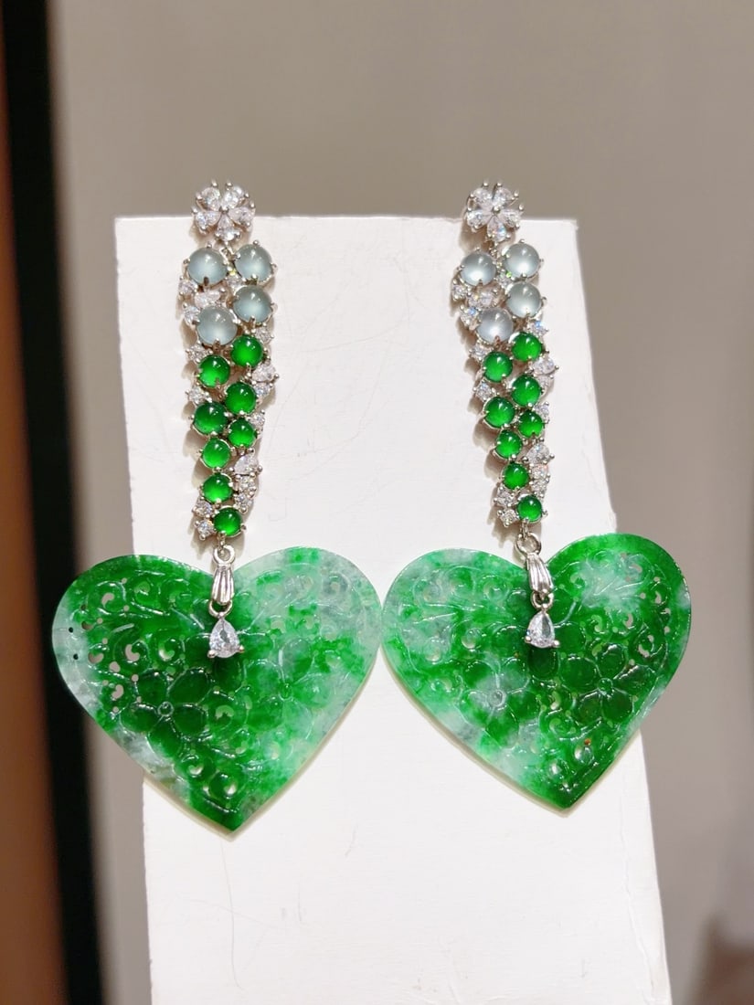 A Pair Silver & Green Jadeite Heart-shaped Earrings - 3
