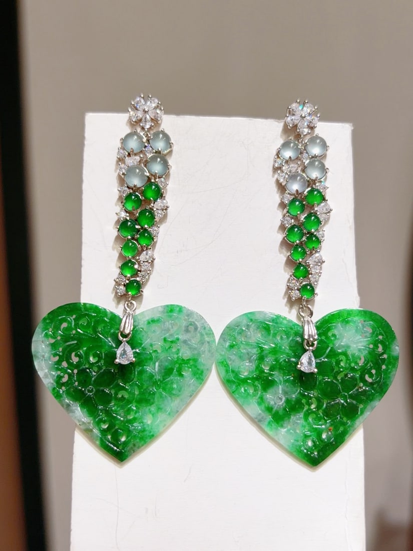 A Pair Silver & Green Jadeite Heart-shaped Earrings - 4