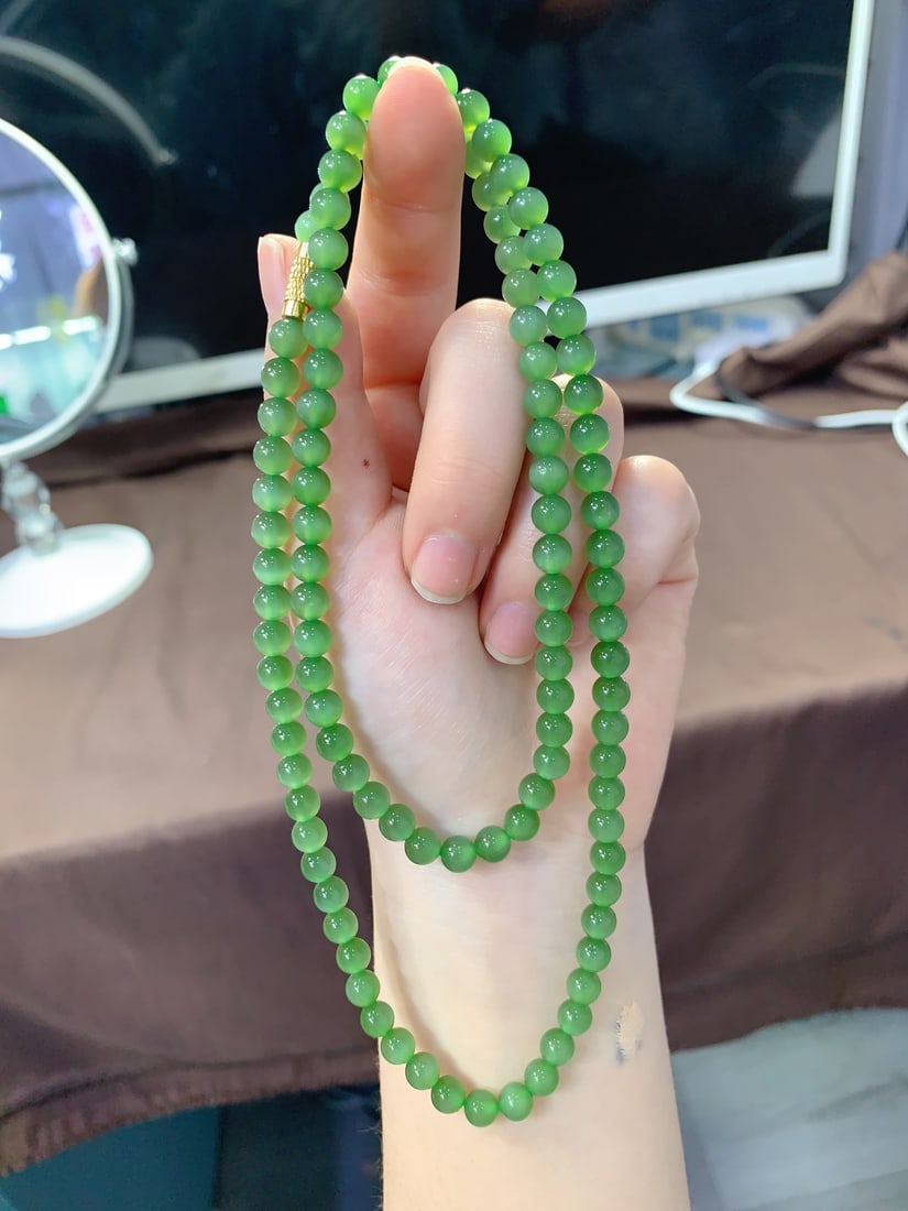 6mm Green Hetian Jade Beads Necklace with Certificate - 2