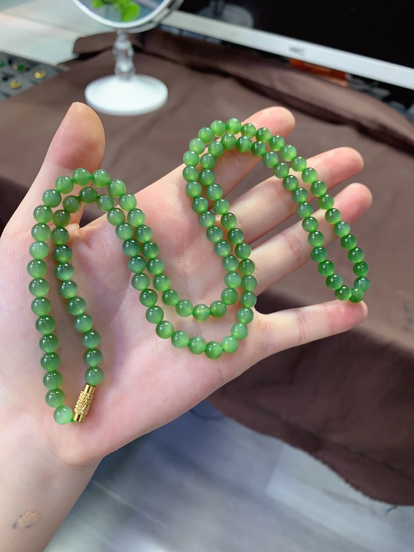 6mm Green Hetian Jade Beads Necklace with Certificate - 3