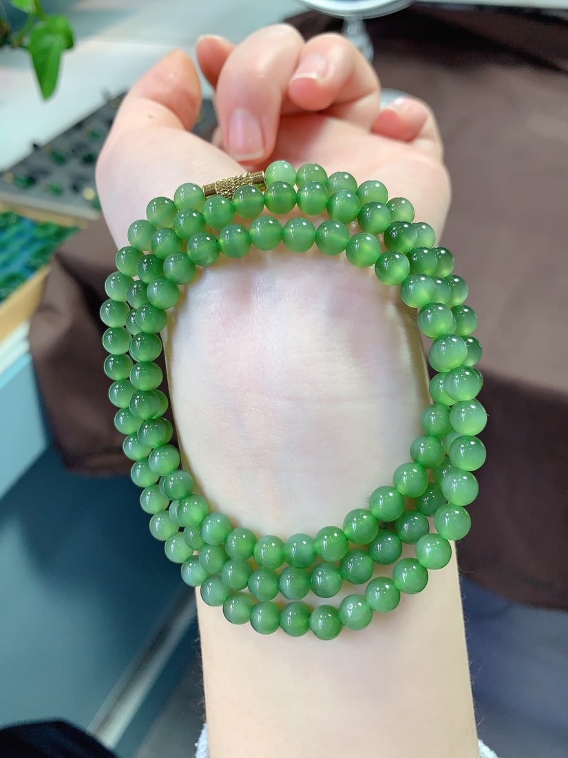 6mm Green Hetian Jade Beads Necklace with Certificate - 6