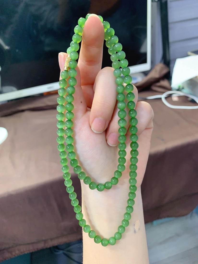 6mm Green Hetian Jade Beads Necklace with Certificate - 7