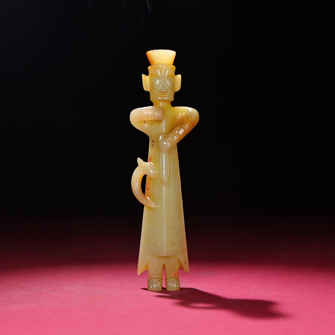 Old Hetian Jade Mythological Figure Statue: Title: Old Hetian Jade Mythological Figure Statue Origin: Chinese Date/Period: After1900 Materials: Hetian Jade Dimensions: 136x40x17(mm) 5.35x1.57x0.67(inches) Weight 0.19 lbs/88g Reserve: $599.00