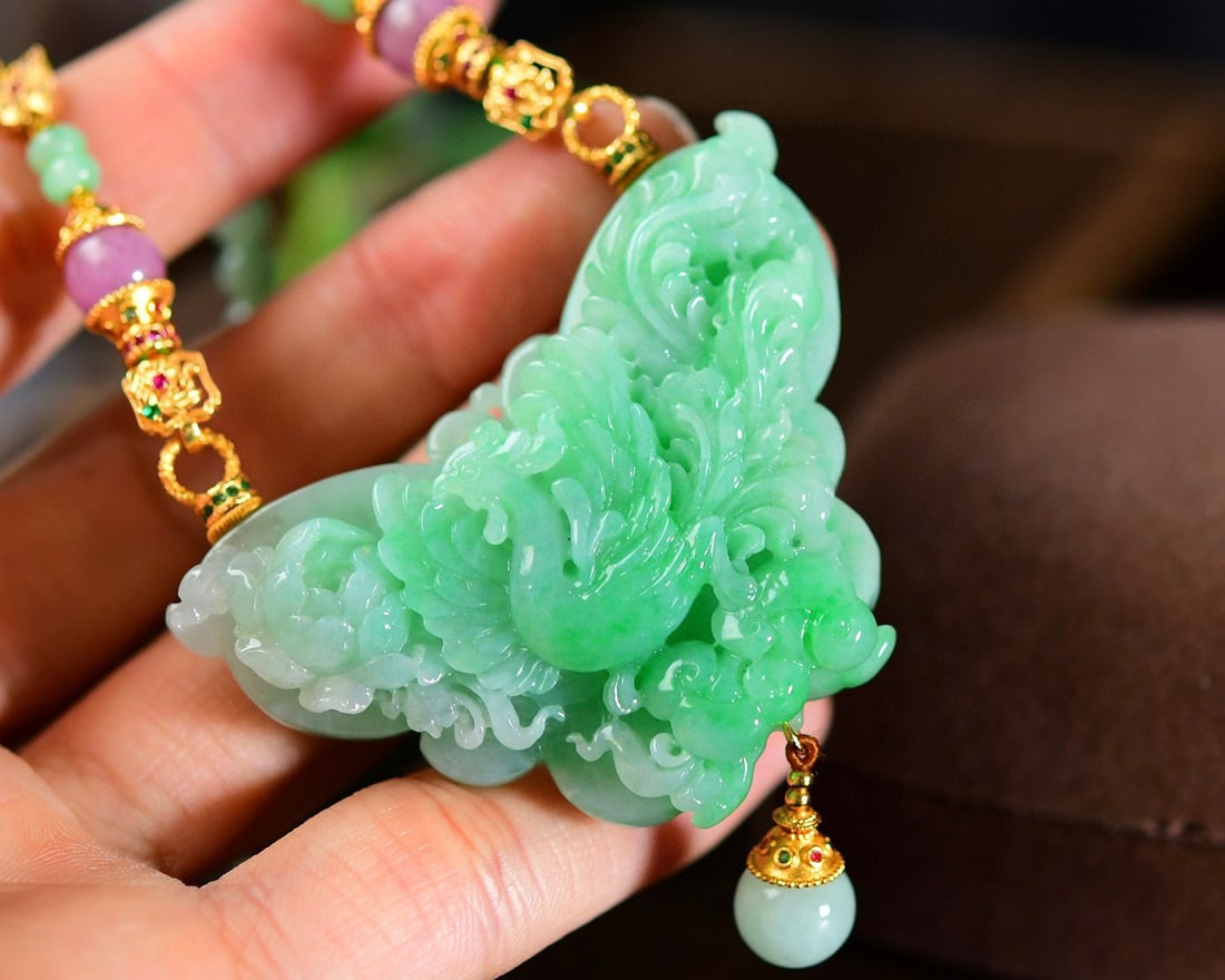 Jadeite Hand-Carved Pendant w Phoenix & Peony w Hand Woven Jadeite & Beeswax Beads Necklace - 3