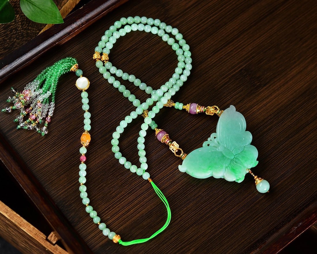 Jadeite Hand-Carved Pendant w Phoenix & Peony w Hand Woven Jadeite & Beeswax Beads Necklace - 4