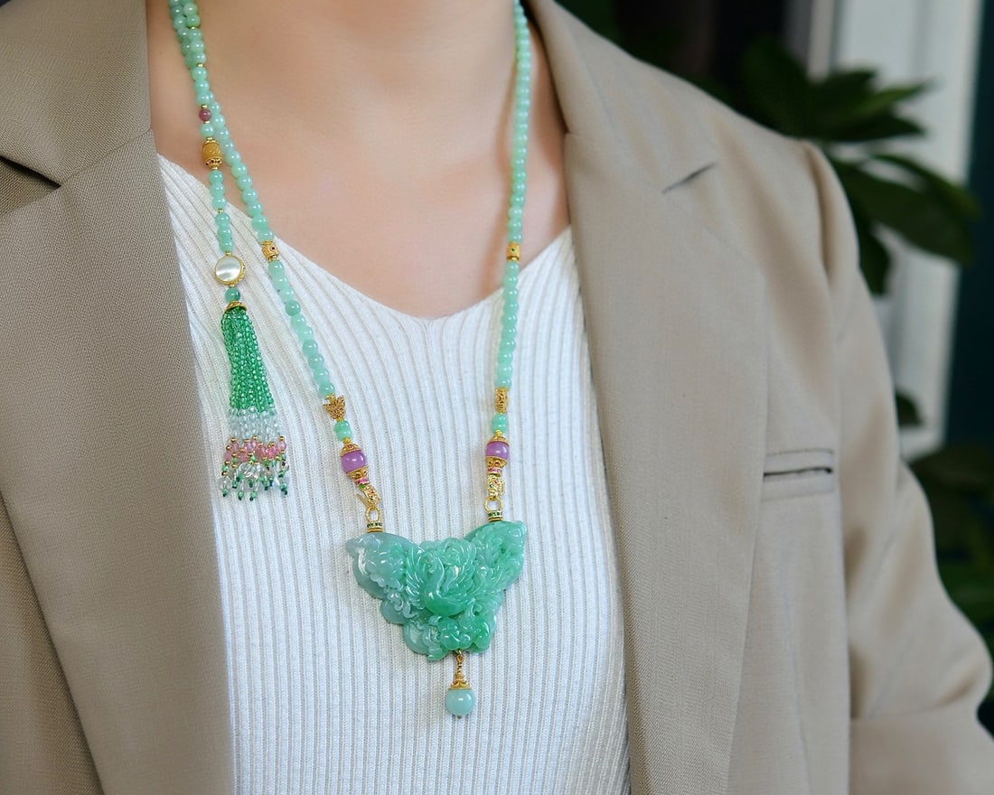 Jadeite Hand-Carved Pendant w Phoenix & Peony w Hand Woven Jadeite & Beeswax Beads Necklace - 5