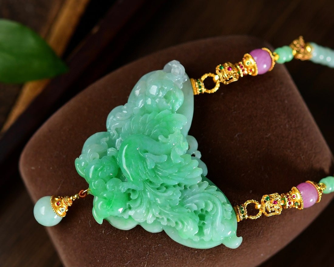 Jadeite Hand-Carved Pendant w Phoenix & Peony w Hand Woven Jadeite & Beeswax Beads Necklace - 6