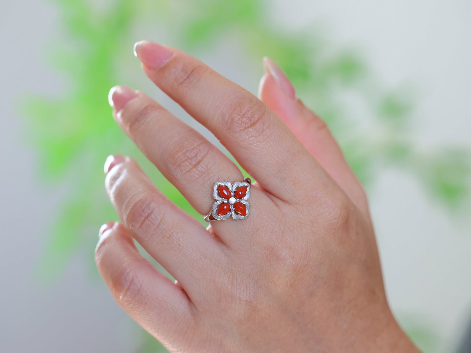 Silver Inlay Nanhong Agate Ring - 3