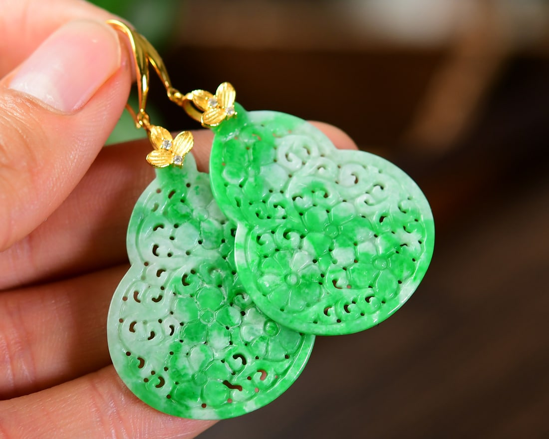 A Pair Silver Inlay Green Jadeite Gourd Earrings - 3