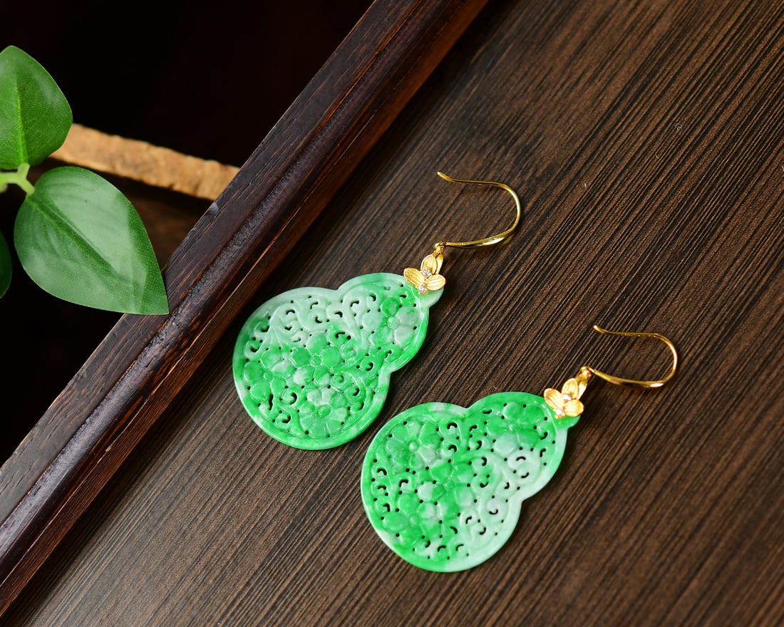 A Pair Silver Inlay Green Jadeite Gourd Earrings - 5