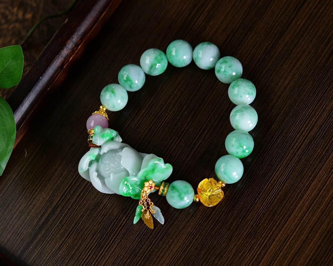 Green Jadeite Hand Carved Lotus Bracelet with Certificate - 2