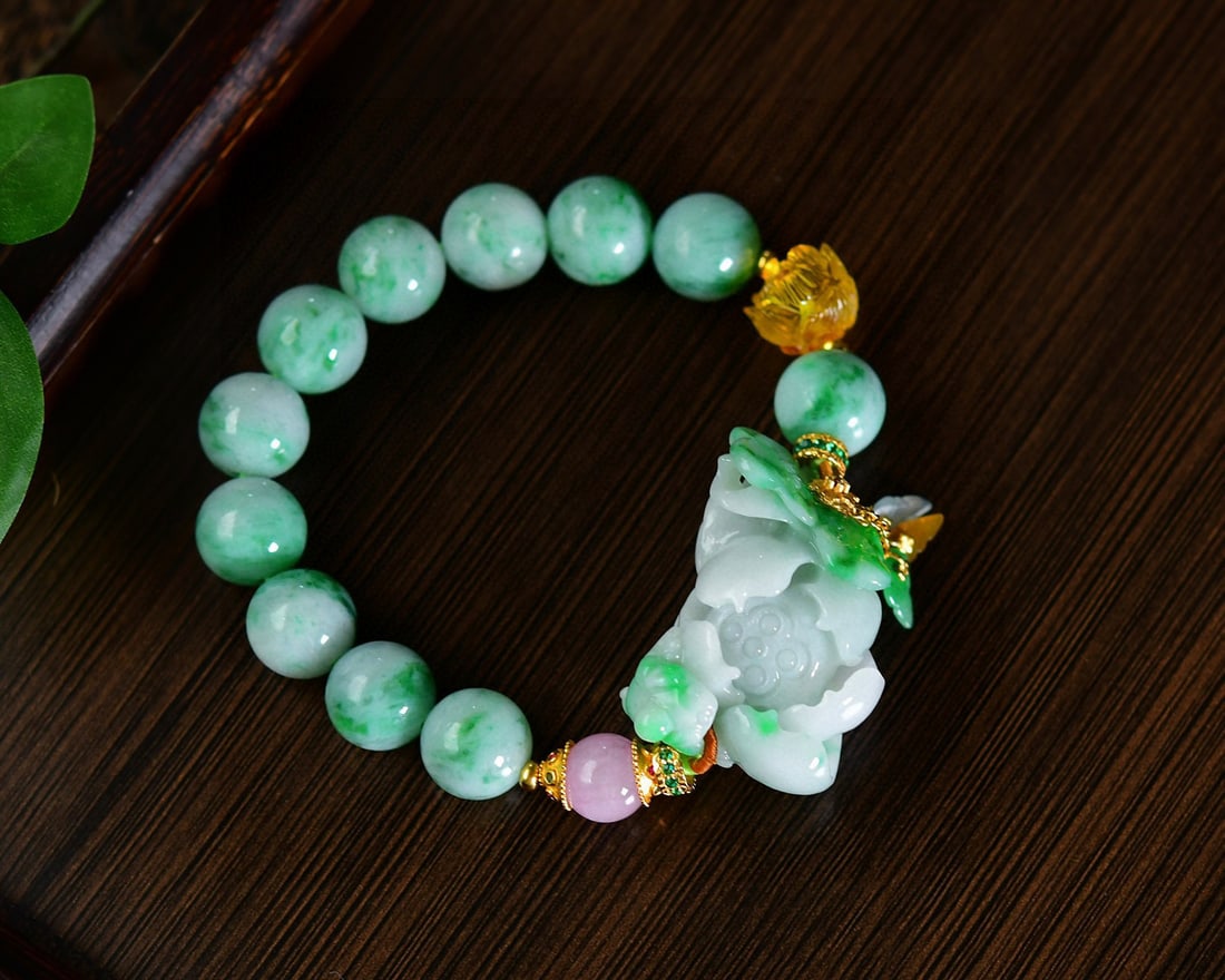 Green Jadeite Hand Carved Lotus Bracelet with Certificate - 3