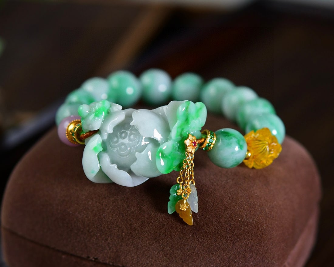 Green Jadeite Hand Carved Lotus Bracelet with Certificate - 4