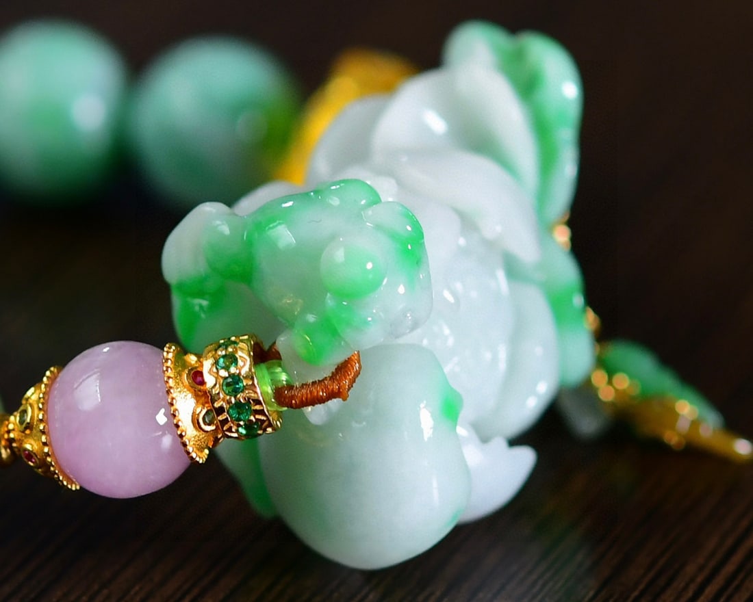 Green Jadeite Hand Carved Lotus Bracelet with Certificate - 5