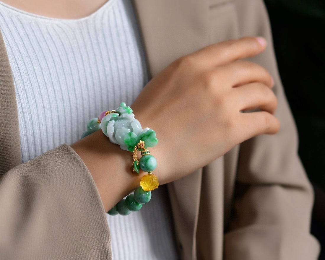 Green Jadeite Hand Carved Lotus Bracelet with Certificate - 6