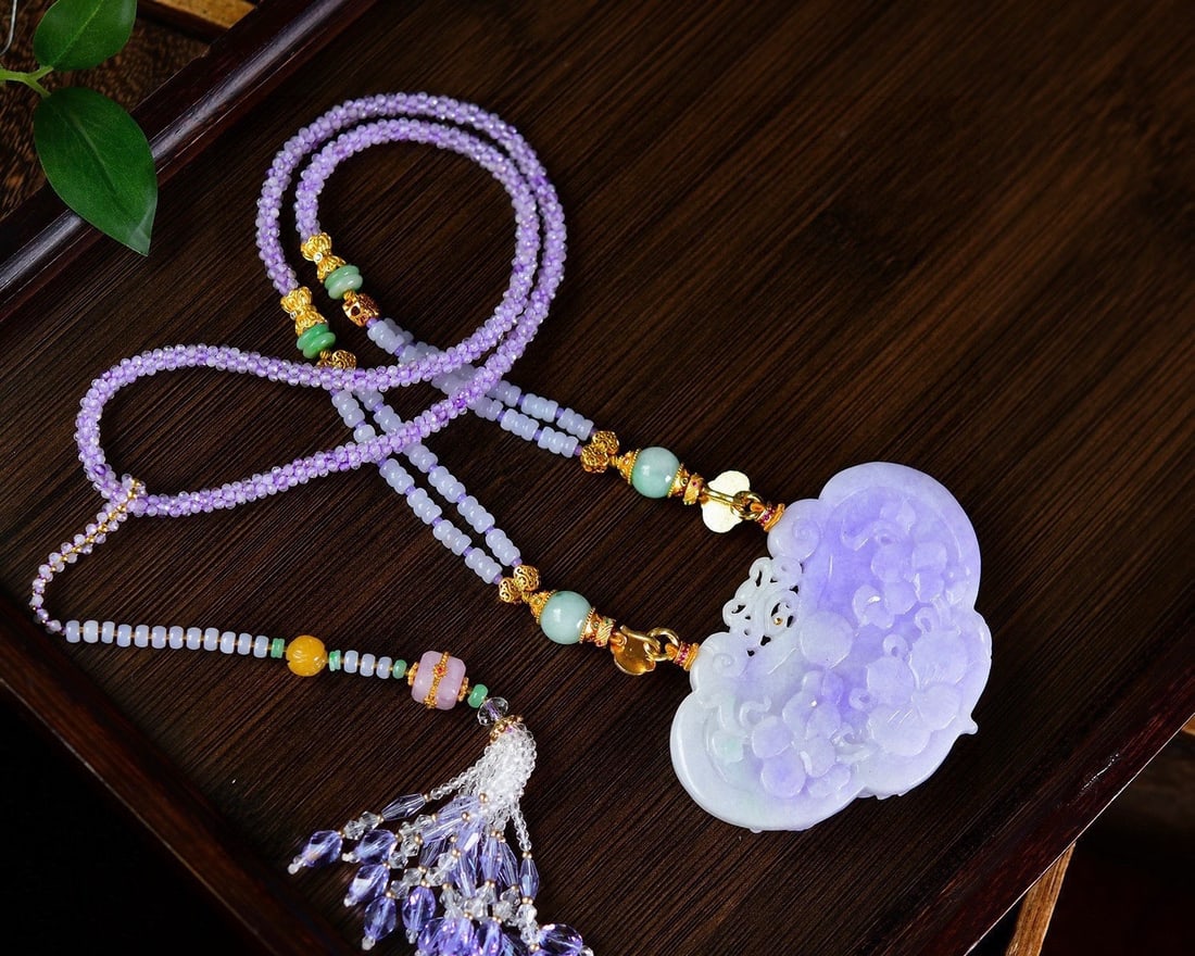 Purple Jadeite Hand Carved Phoenix Peony Pendant with Certificate - 2