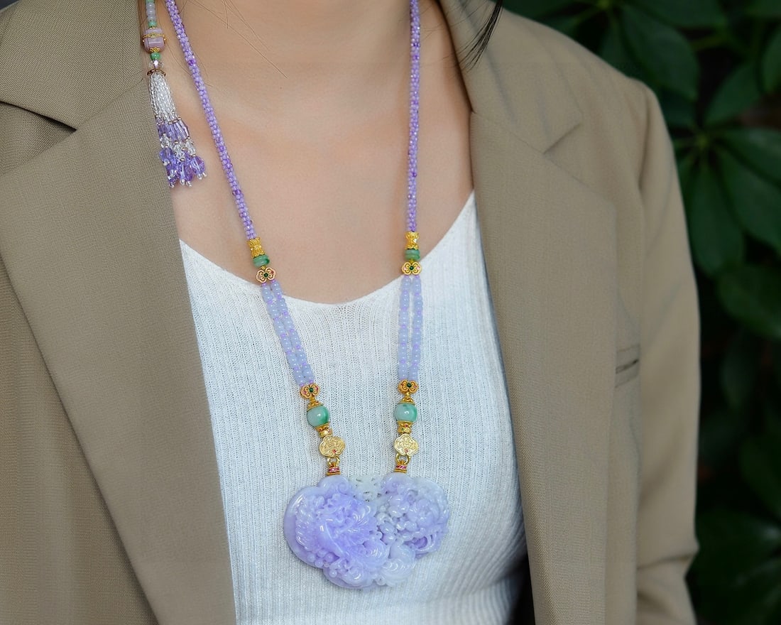 Purple Jadeite Hand Carved Phoenix Peony Pendant with Certificate - 3