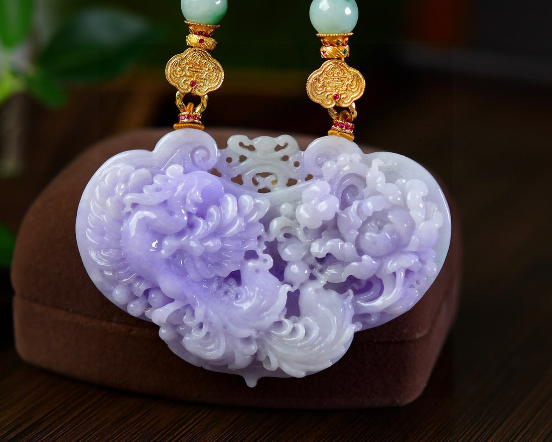 Purple Jadeite Hand Carved Phoenix Peony Pendant with Certificate - 4