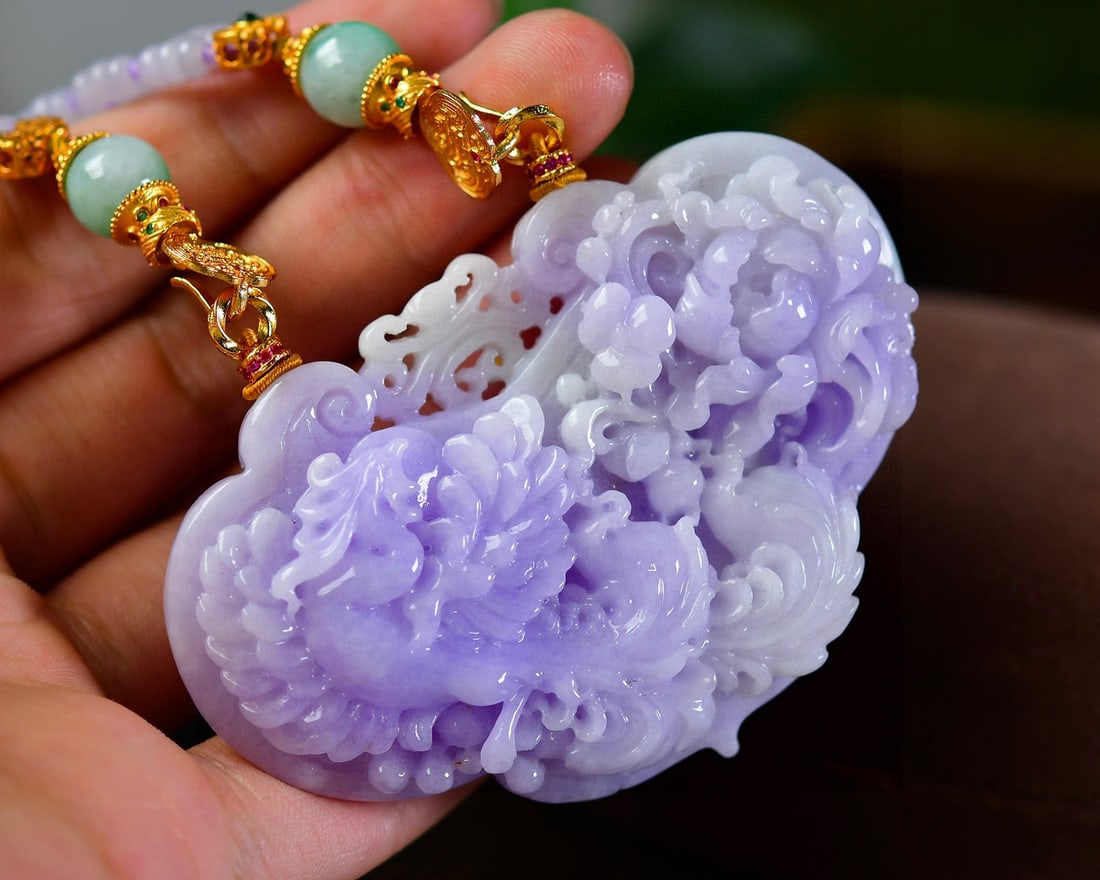 Purple Jadeite Hand Carved Phoenix Peony Pendant with Certificate - 5