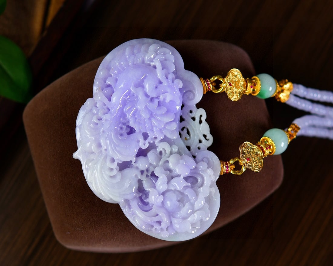 Purple Jadeite Hand Carved Phoenix Peony Pendant with Certificate - 6
