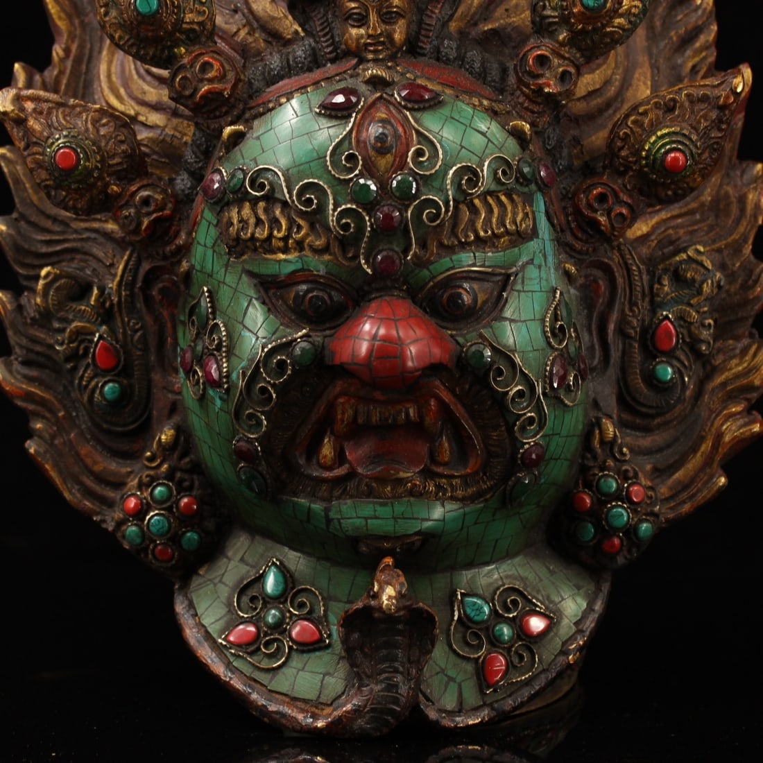 Old Tibetan Copper Inlay Turquoise Gem Buddha Head Statue - 2